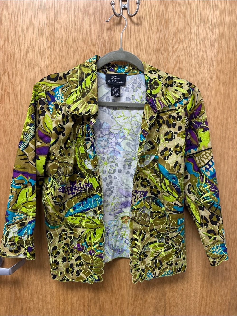 90s Y2K Trenz by Theresa Renz 100% Cotton Green Floral-Print Open Blazer